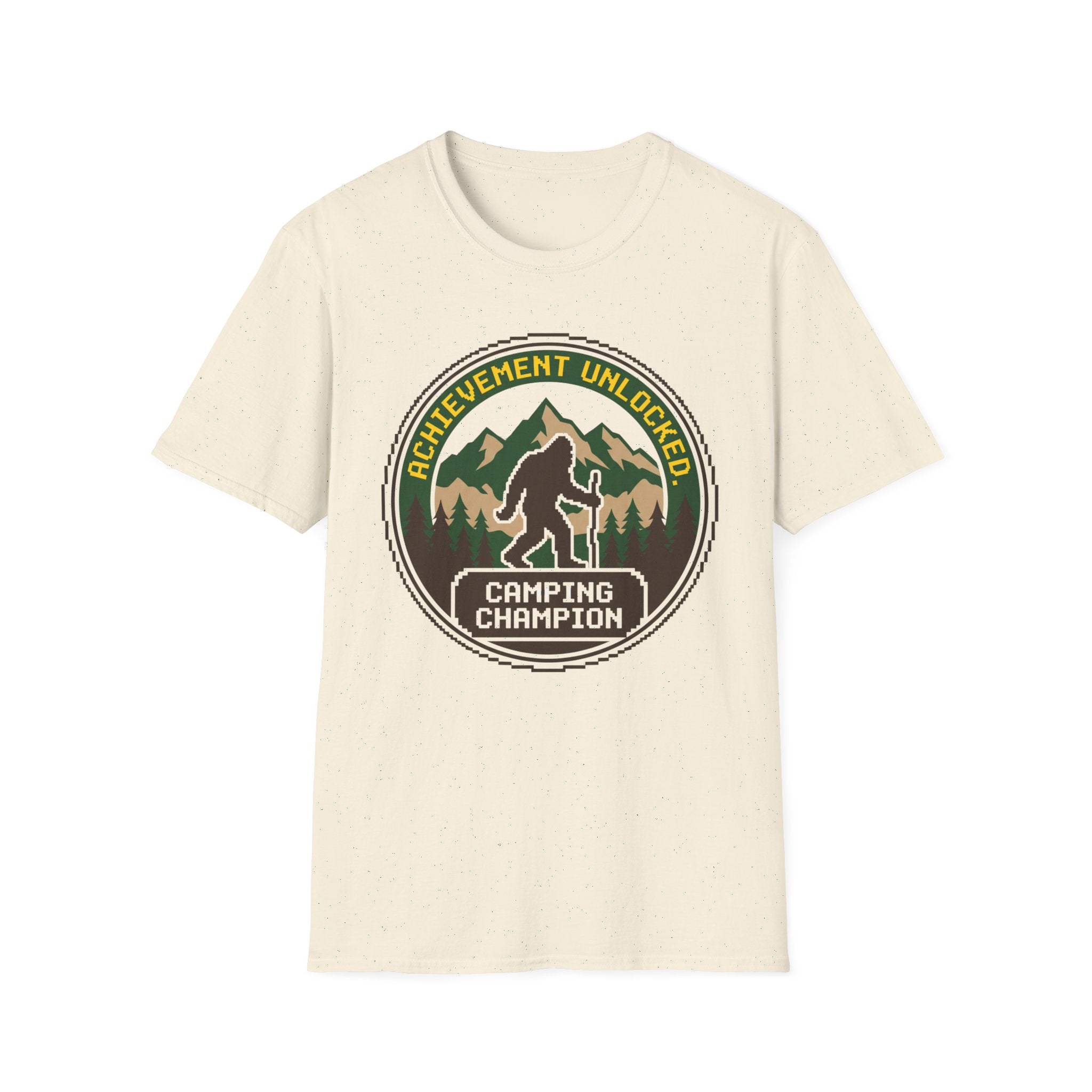 Achievement Unlocked — Camping Champion With Bigfoot 8-Bit T-Shirt