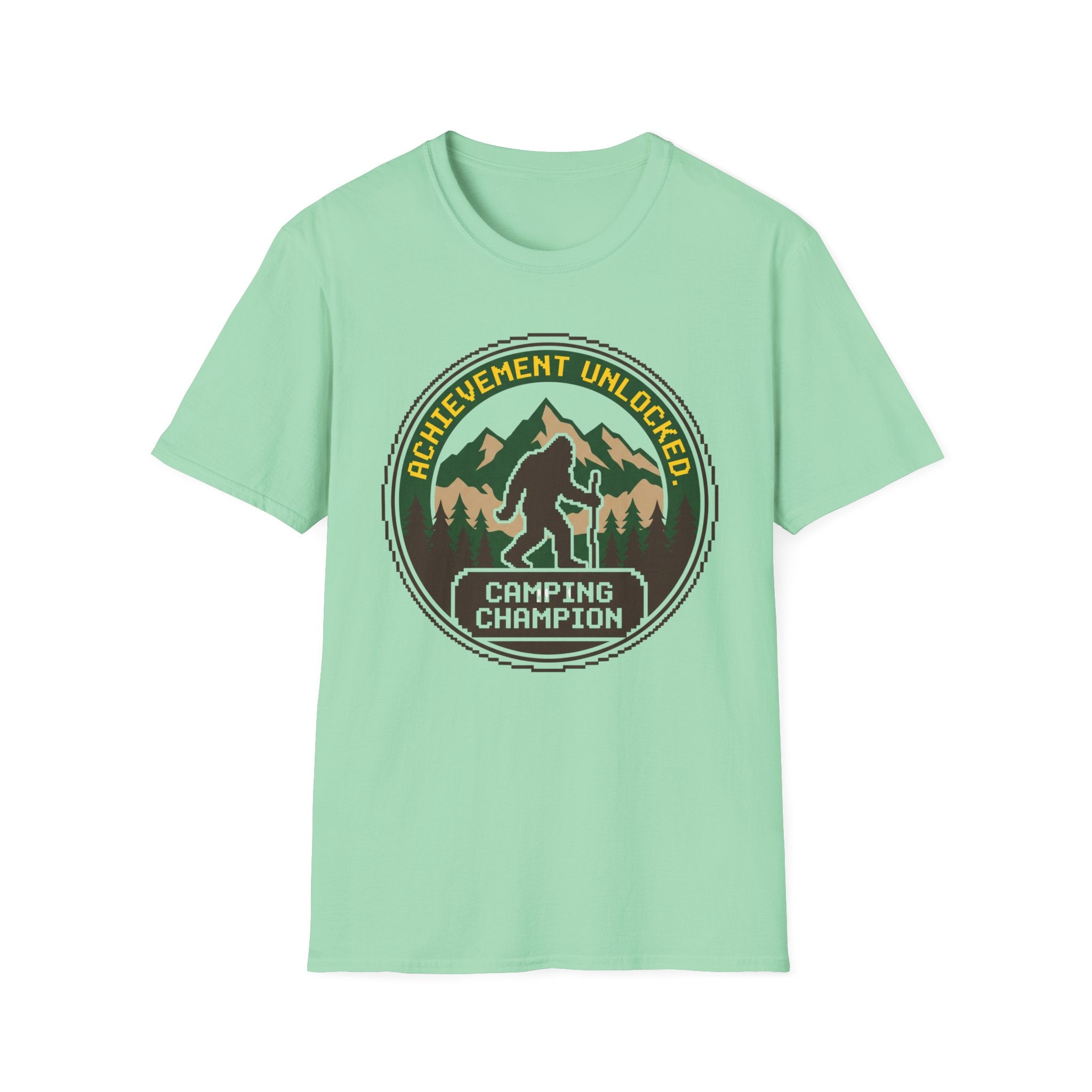 Achievement Unlocked — Camping Champion With Bigfoot 8-Bit T-Shirt