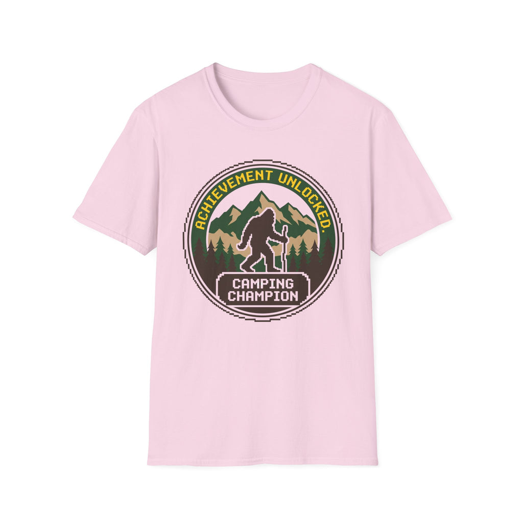 Achievement Unlocked — Camping Champion With Bigfoot 8-Bit T-Shirt