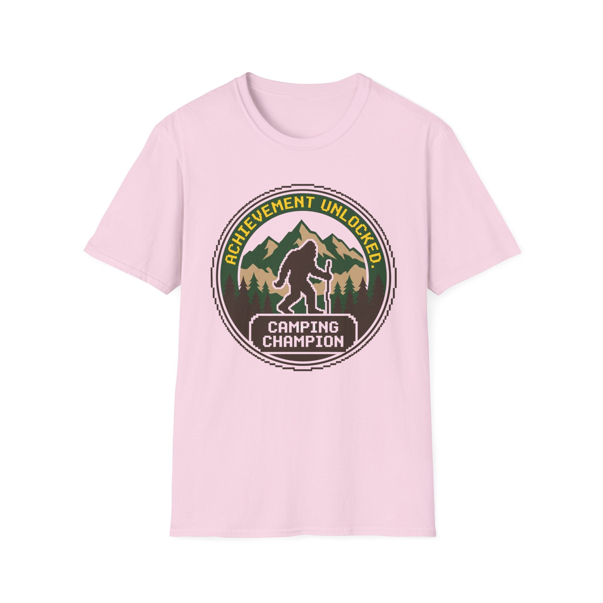 Achievement Unlocked — Camping Champion With Bigfoot 8-Bit T-Shirt