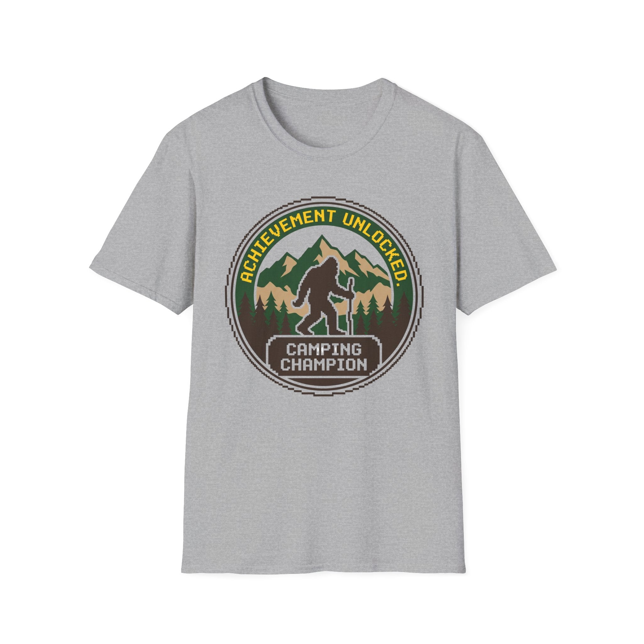 Achievement Unlocked — Camping Champion With Bigfoot 8-Bit T-Shirt