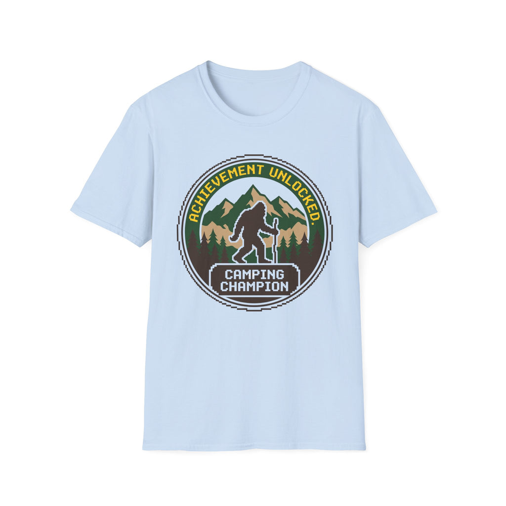 Achievement Unlocked — Camping Champion With Bigfoot 8-Bit T-Shirt