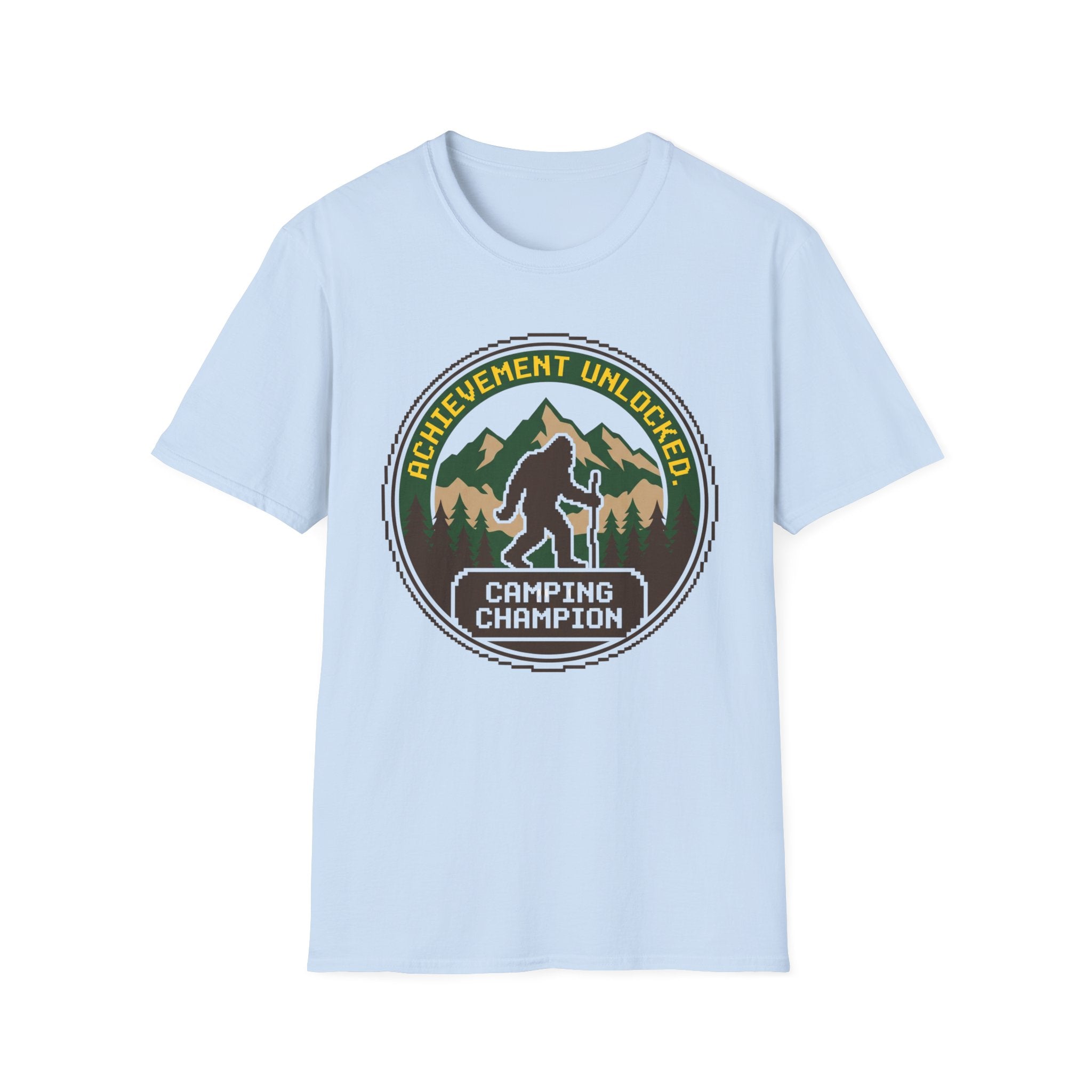 Achievement Unlocked — Camping Champion With Bigfoot 8-Bit T-Shirt