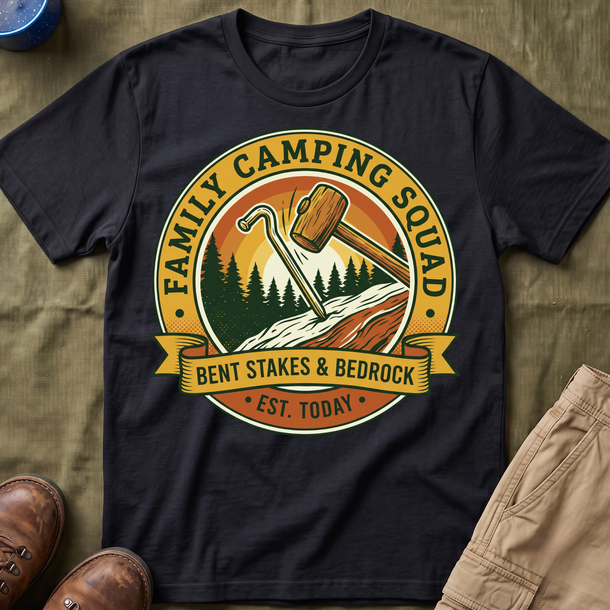 Family Camping Squad — Bent Stakes & Bedrock T-Shirt