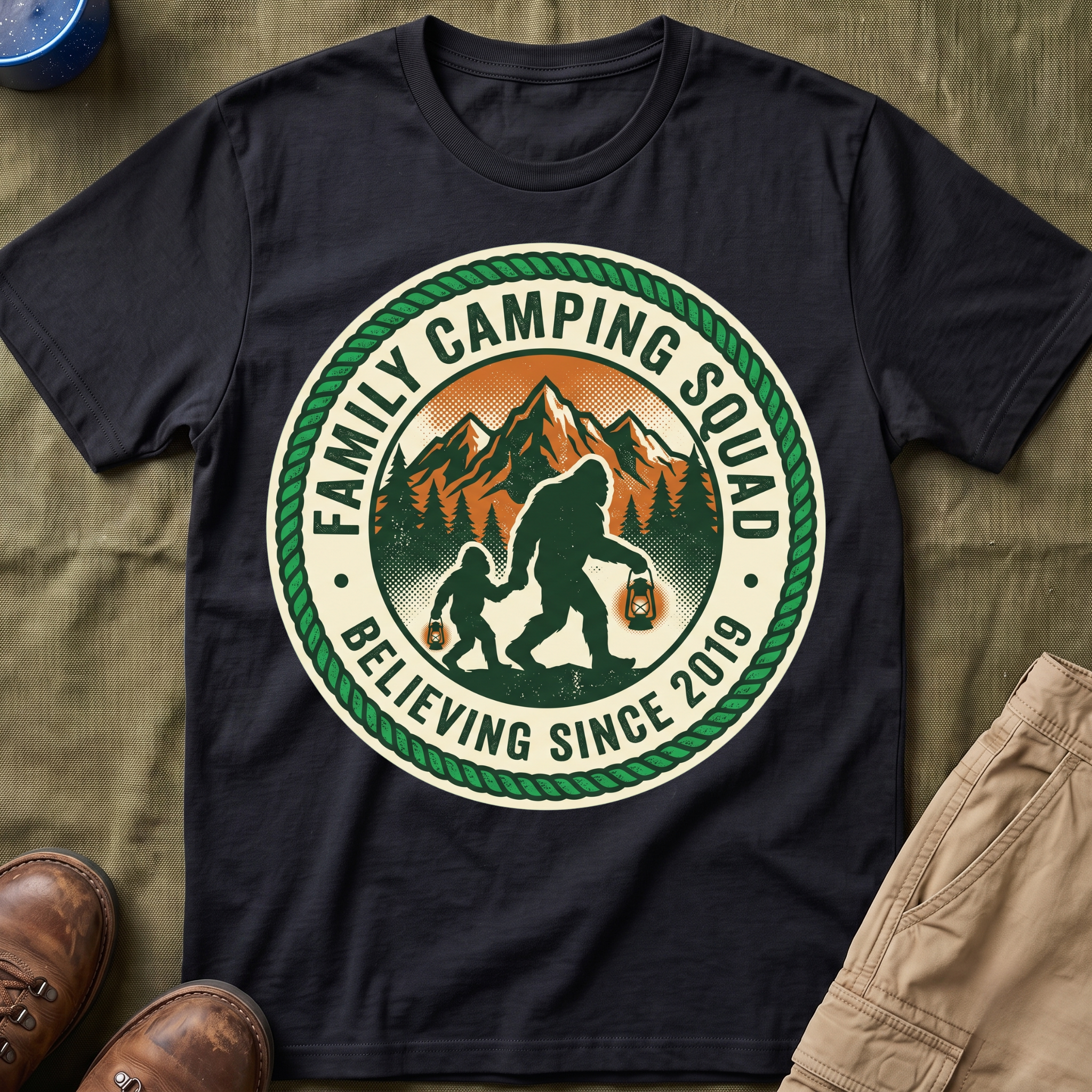 Family Camping Squad — Believing Since 2019 With Bigfoot T-Shirt