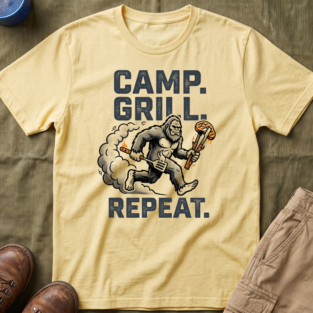 Camp, Grill, Repeat — With Bigfoot T-Shirt