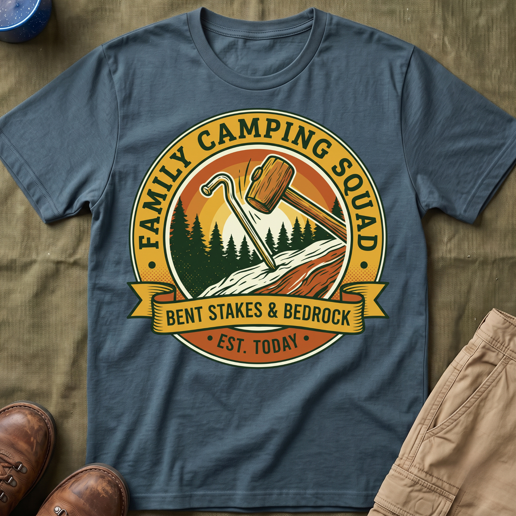 Family Camping Squad — Bent Stakes & Bedrock T-Shirt