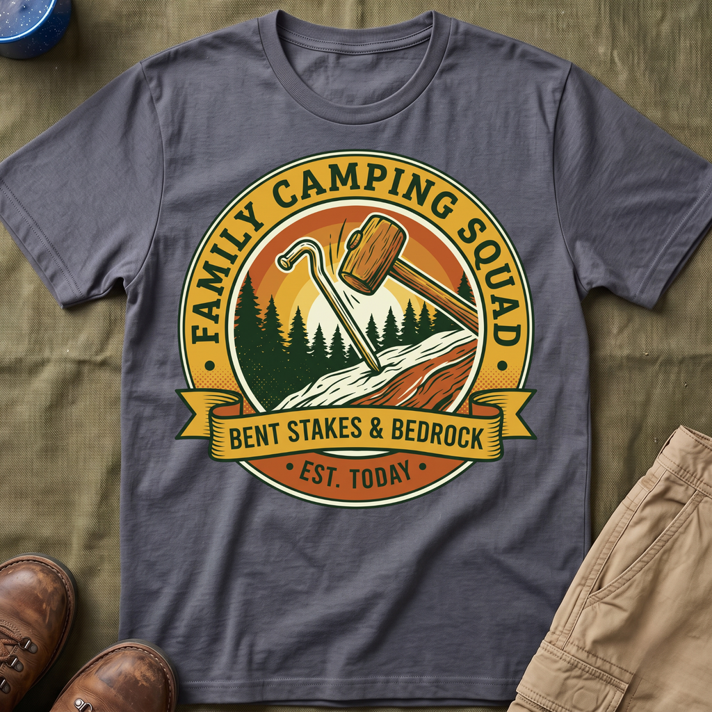 Family Camping Squad — Bent Stakes & Bedrock T-Shirt