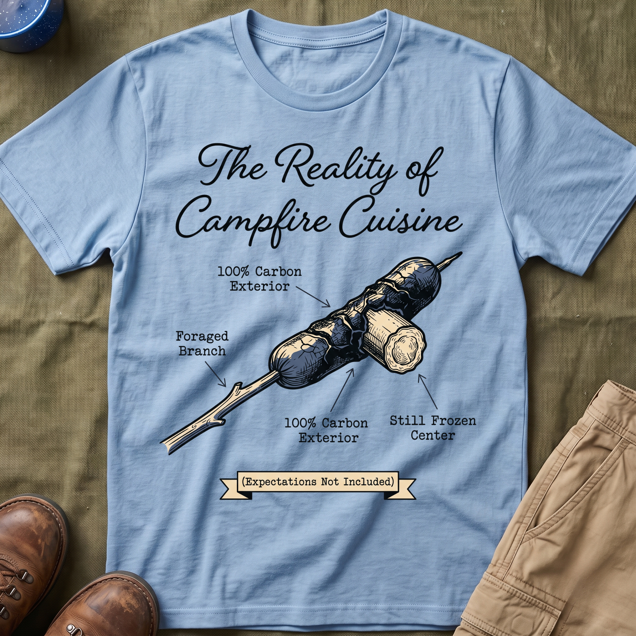 The Reality of Campfire Cuisine — Expectations Not Included T-Shirt