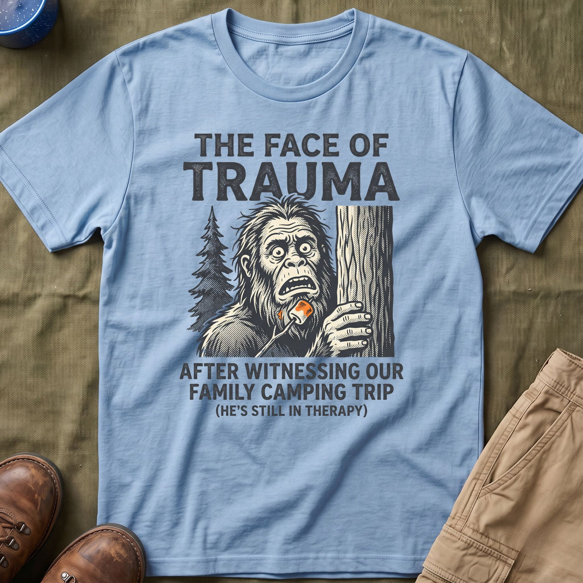 The Face Of Trauma After Witnessing Our Family Camping Trip — With Bigfoot T-Shirt
