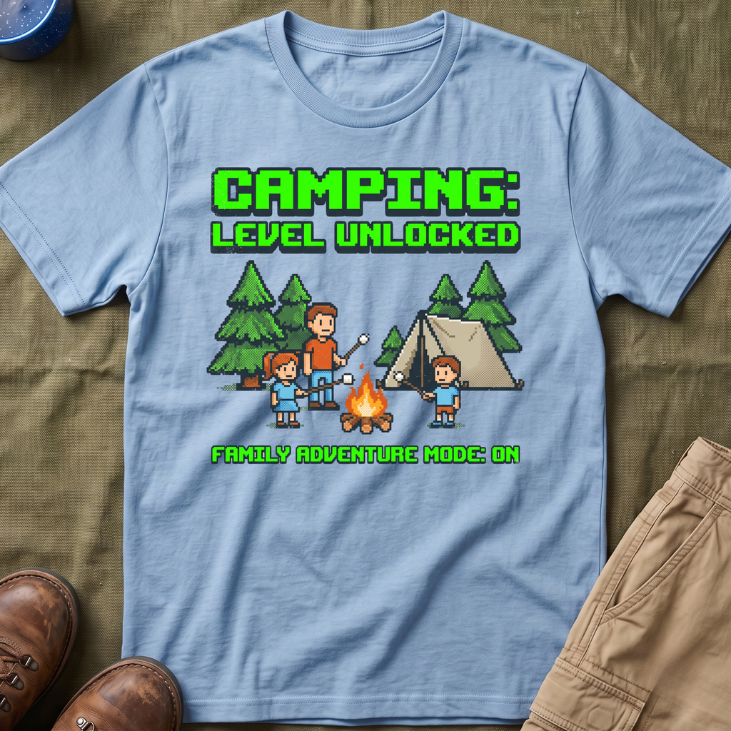 Camping — Level Unlocked Family Adventure Mode On 8-Bit T-Shirt