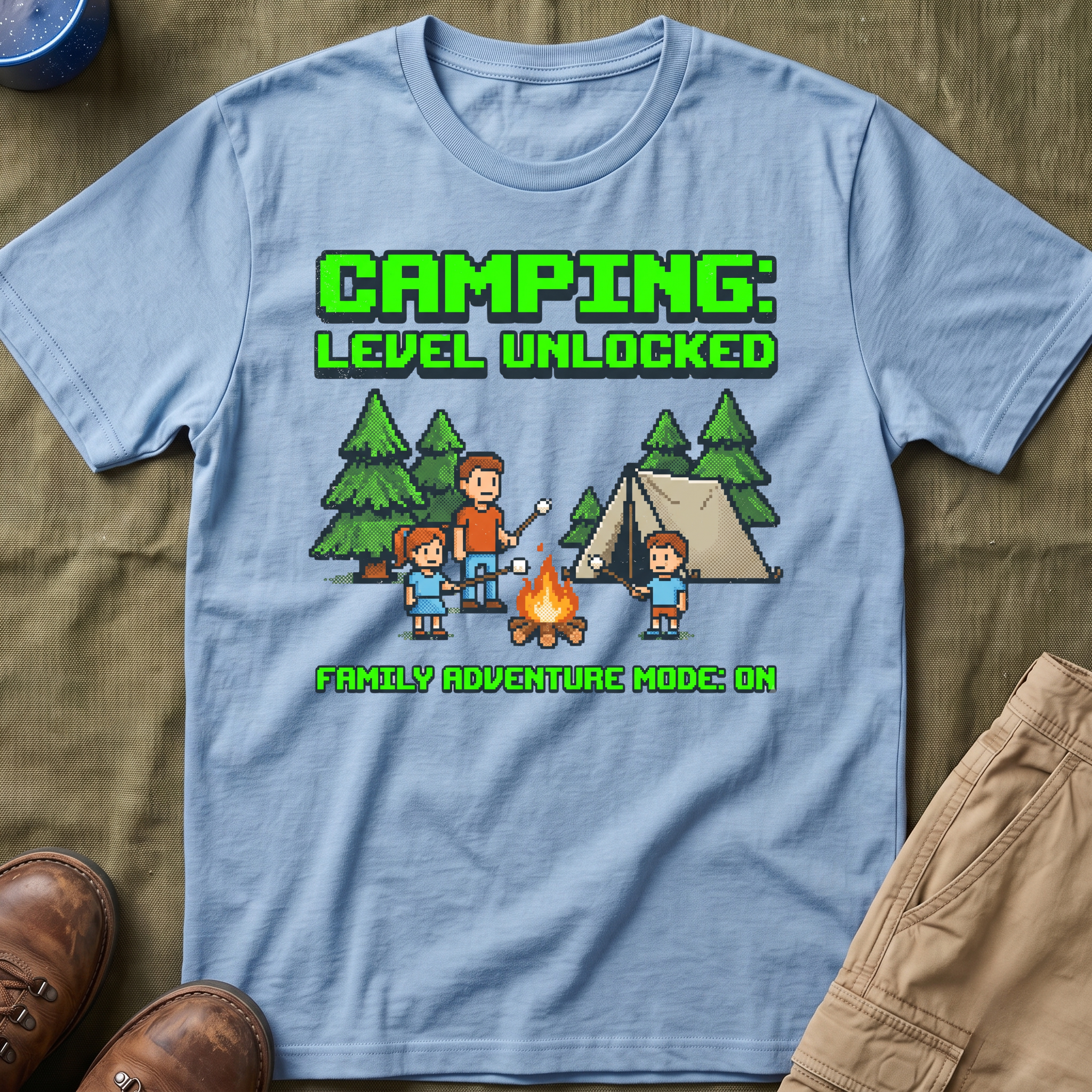 Camping — Level Unlocked Family Adventure Mode On 8-Bit T-Shirt