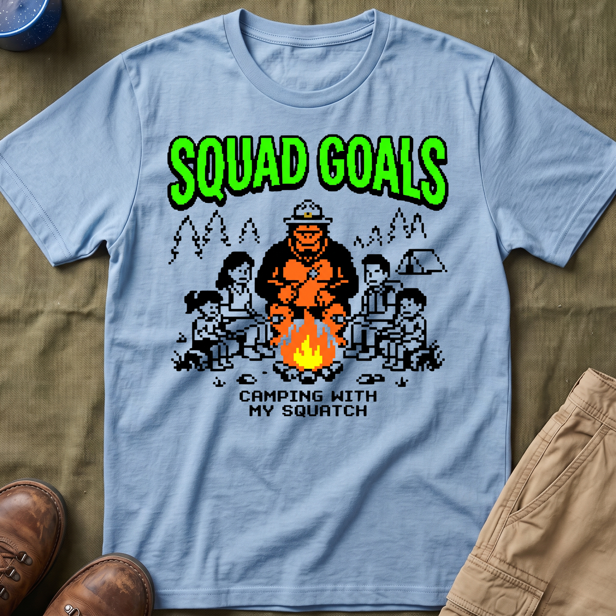 Squad Goal — Camping With My Squash With Bigfoot 8-Bit T-Shirt