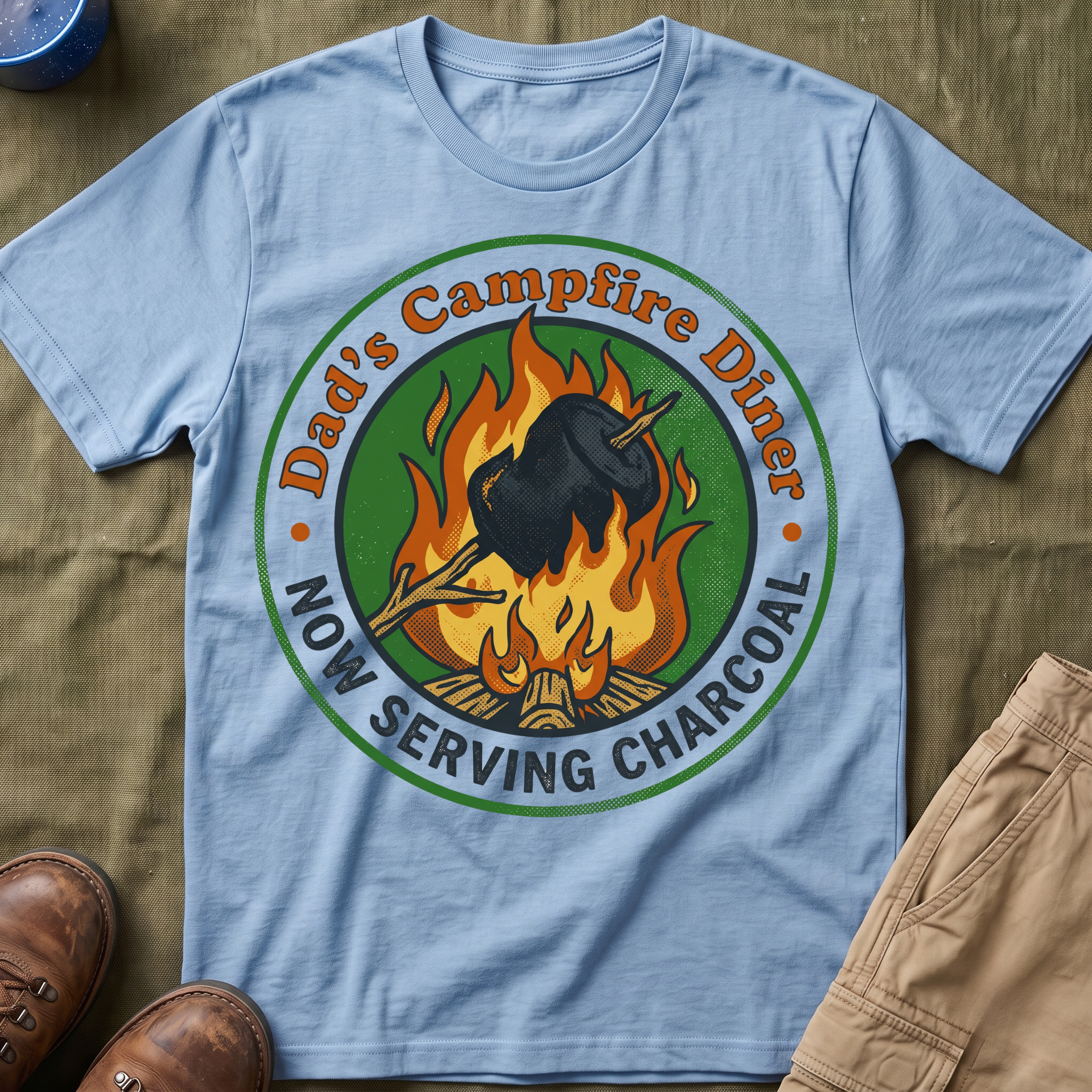 Dad's Campfire Diner — Now Serving Charcoal T-Shirt