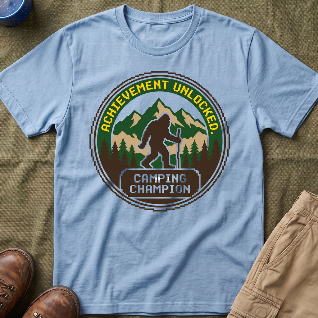 Achievement Unlocked — Camping Champion With Bigfoot 8-Bit T-Shirt