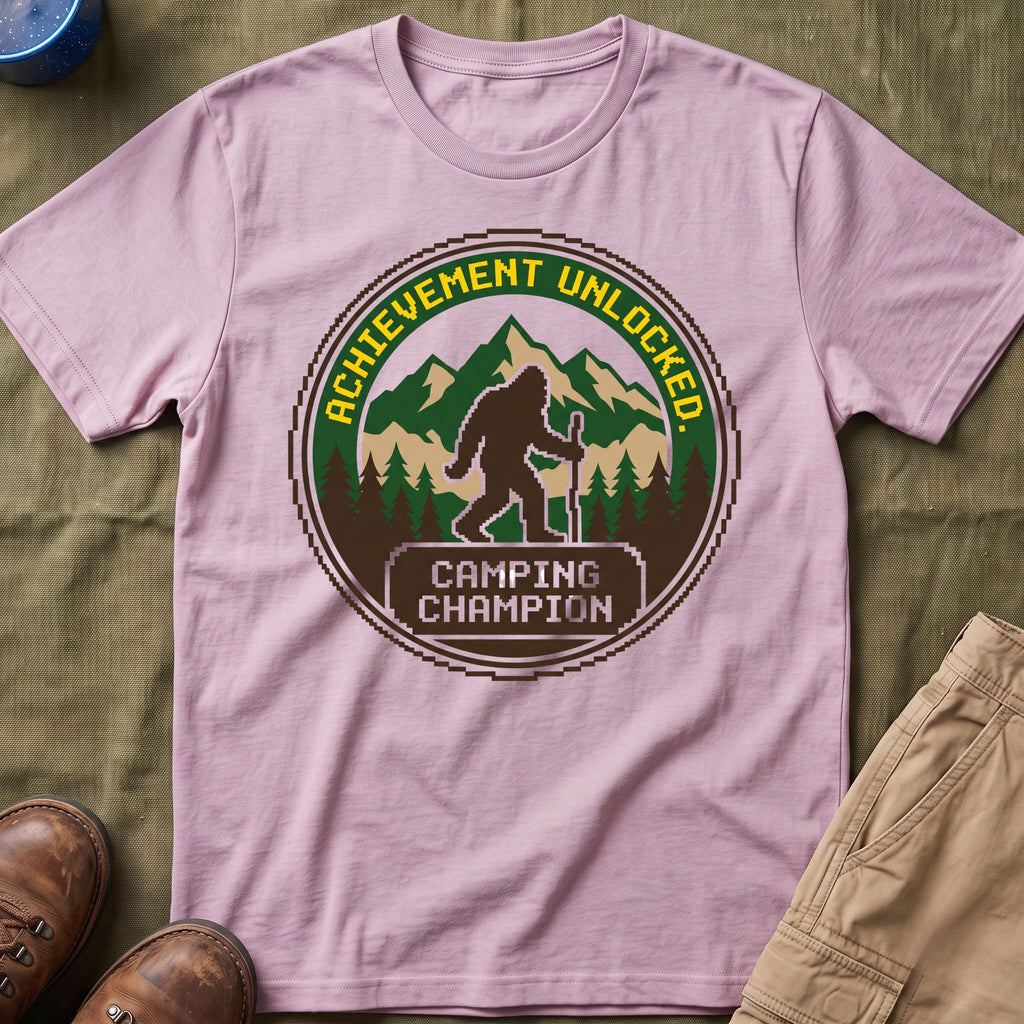 Achievement Unlocked — Camping Champion With Bigfoot 8-Bit T-Shirt