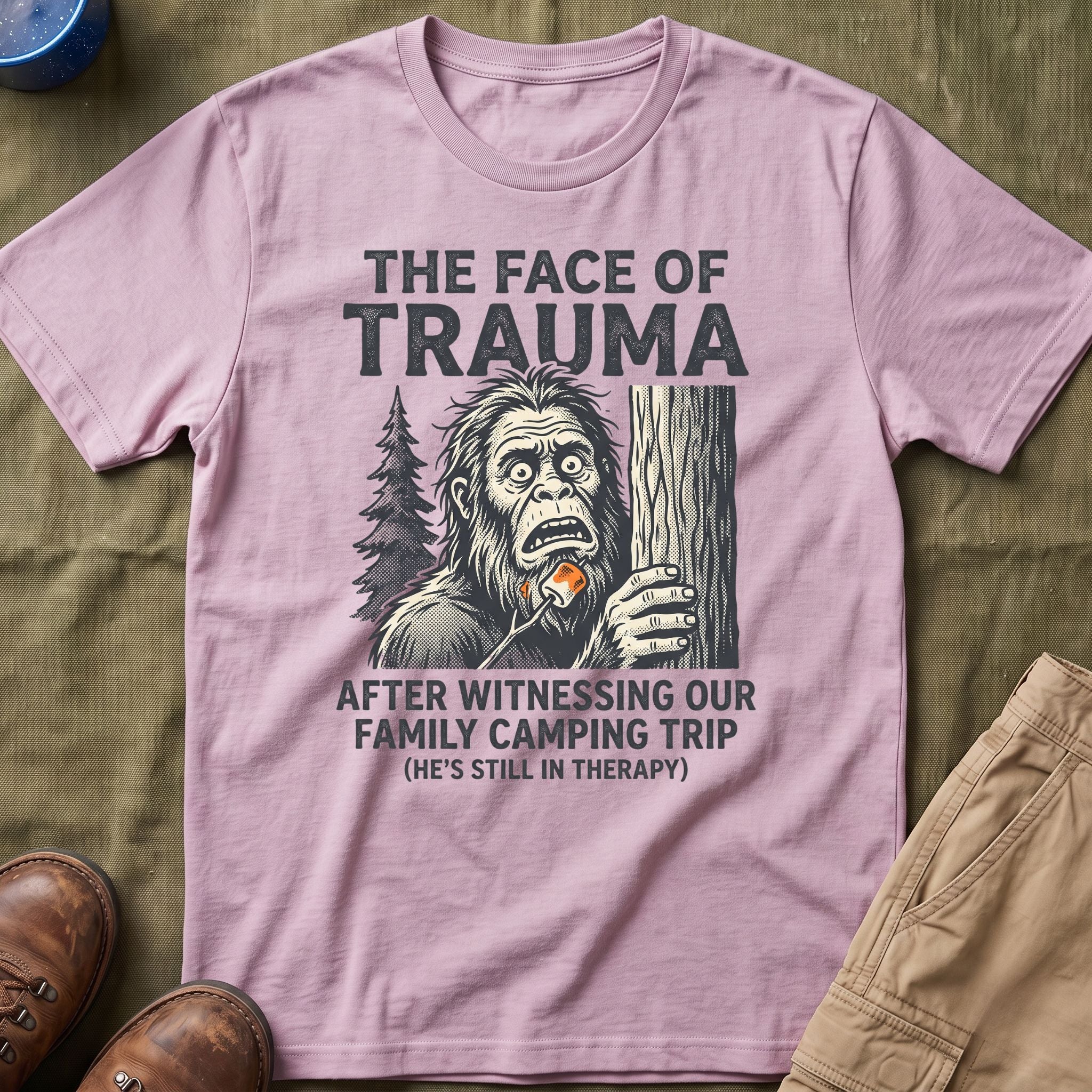 The Face Of Trauma After Witnessing Our Family Camping Trip — With Bigfoot T-Shirt