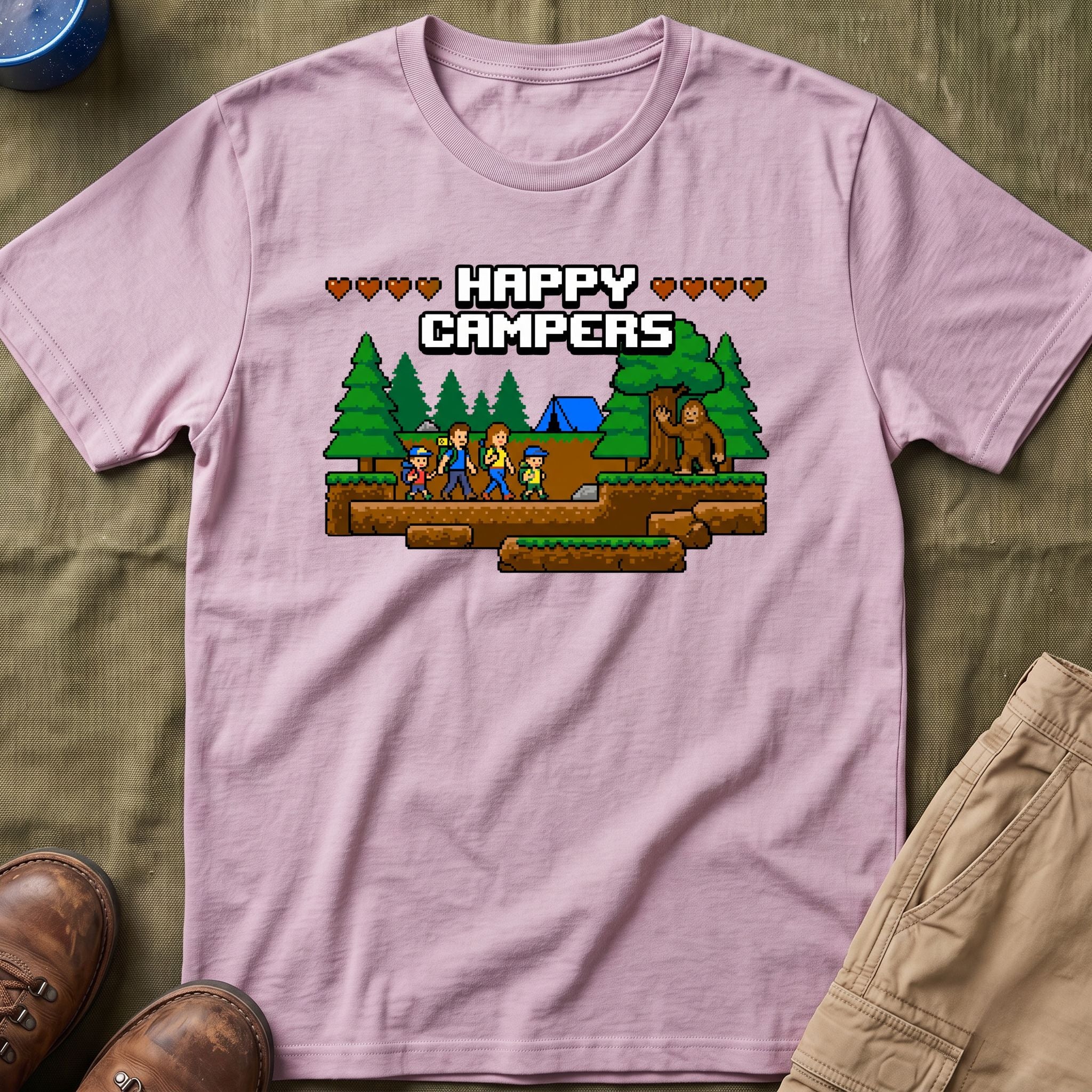 Happy Campers With Bigfoot Matching 8-Bit T-Shirt