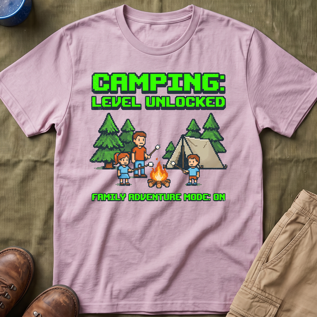 Camping — Level Unlocked Family Adventure Mode On 8-Bit T-Shirt