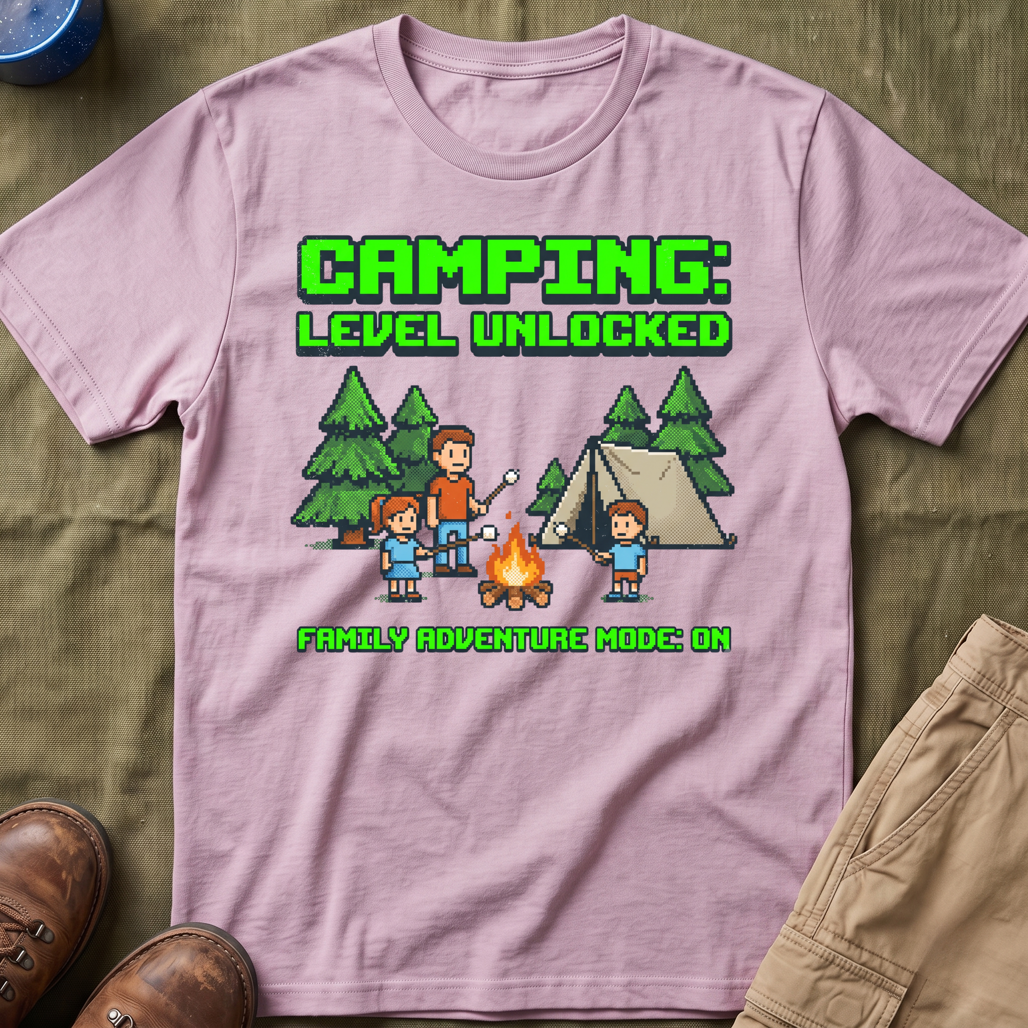 Camping — Level Unlocked Family Adventure Mode On 8-Bit T-Shirt