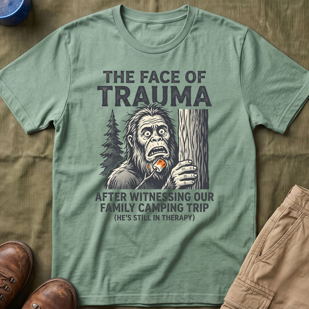The Face Of Trauma After Witnessing Our Family Camping Trip — With Bigfoot T-Shirt