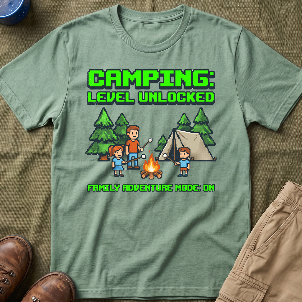 Camping — Level Unlocked Family Adventure Mode On 8-Bit T-Shirt