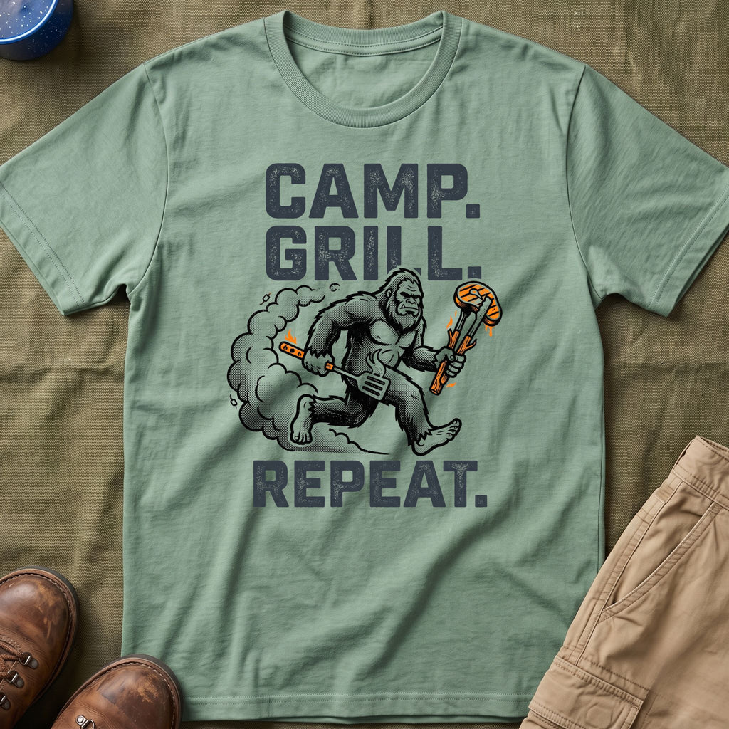 Camp, Grill, Repeat — With Bigfoot T-Shirt