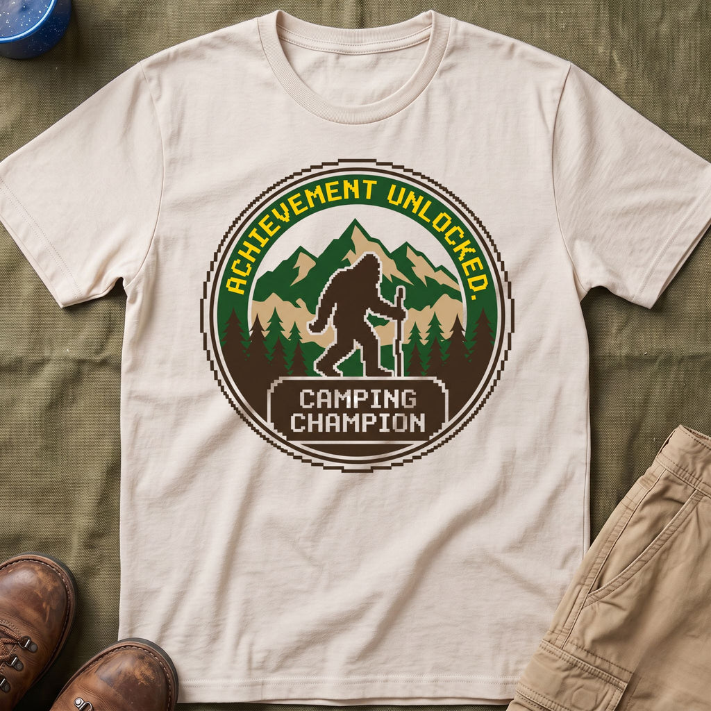 Achievement Unlocked — Camping Champion With Bigfoot 8-Bit T-Shirt