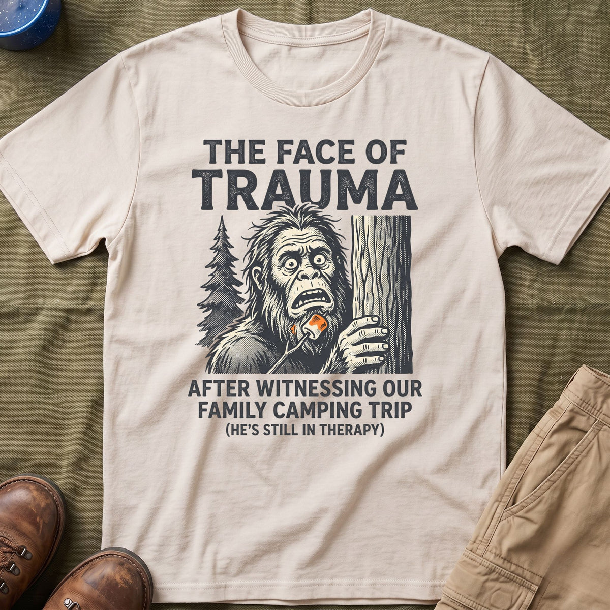 The Face Of Trauma After Witnessing Our Family Camping Trip — With Bigfoot T-Shirt