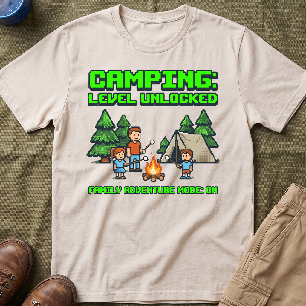 Camping — Level Unlocked Family Adventure Mode On 8-Bit T-Shirt