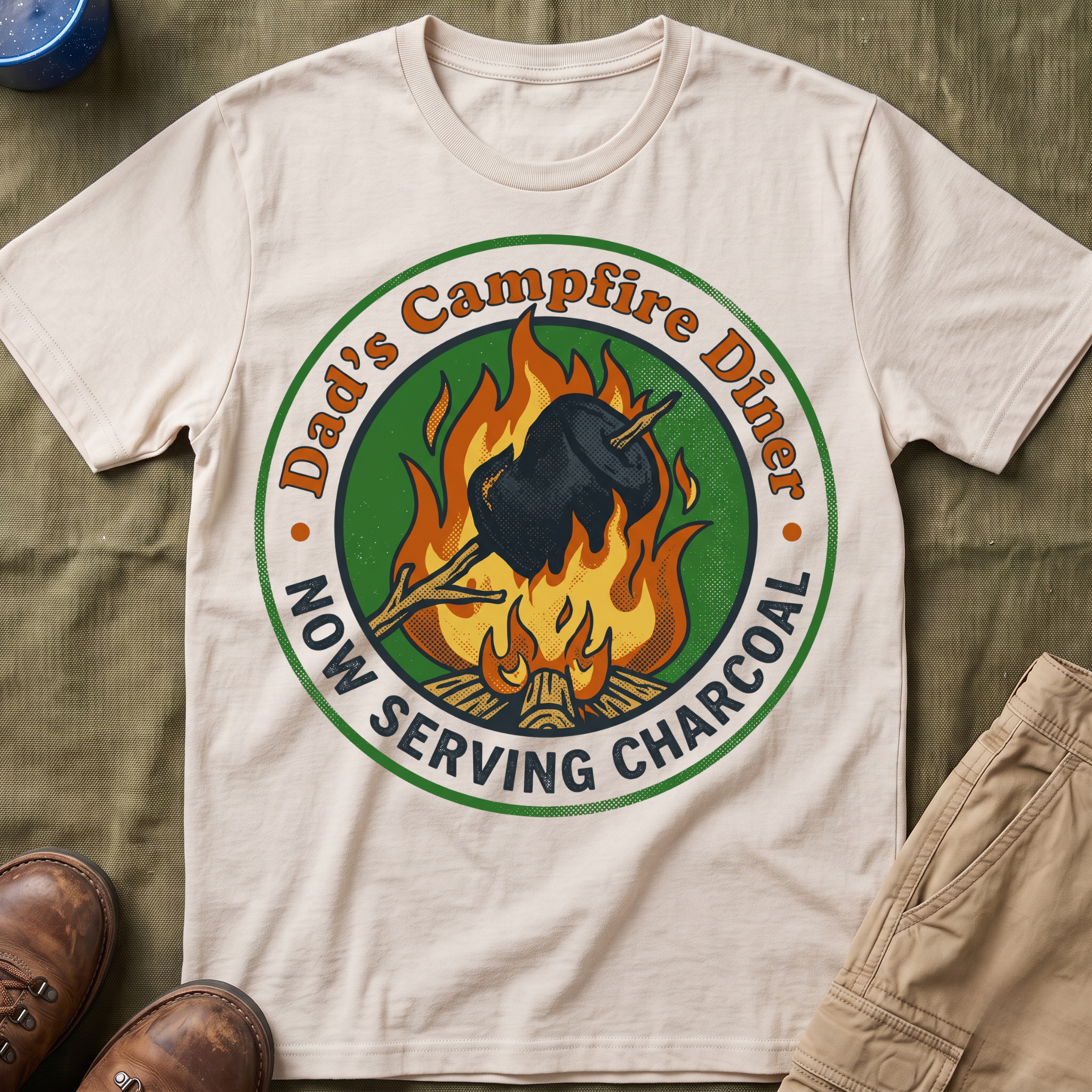 Dad's Campfire Diner — Now Serving Charcoal T-Shirt