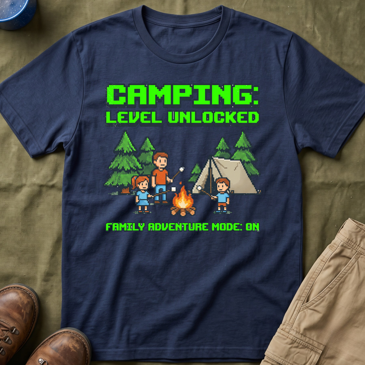 Camping — Level Unlocked Family Adventure Mode On 8-Bit T-Shirt