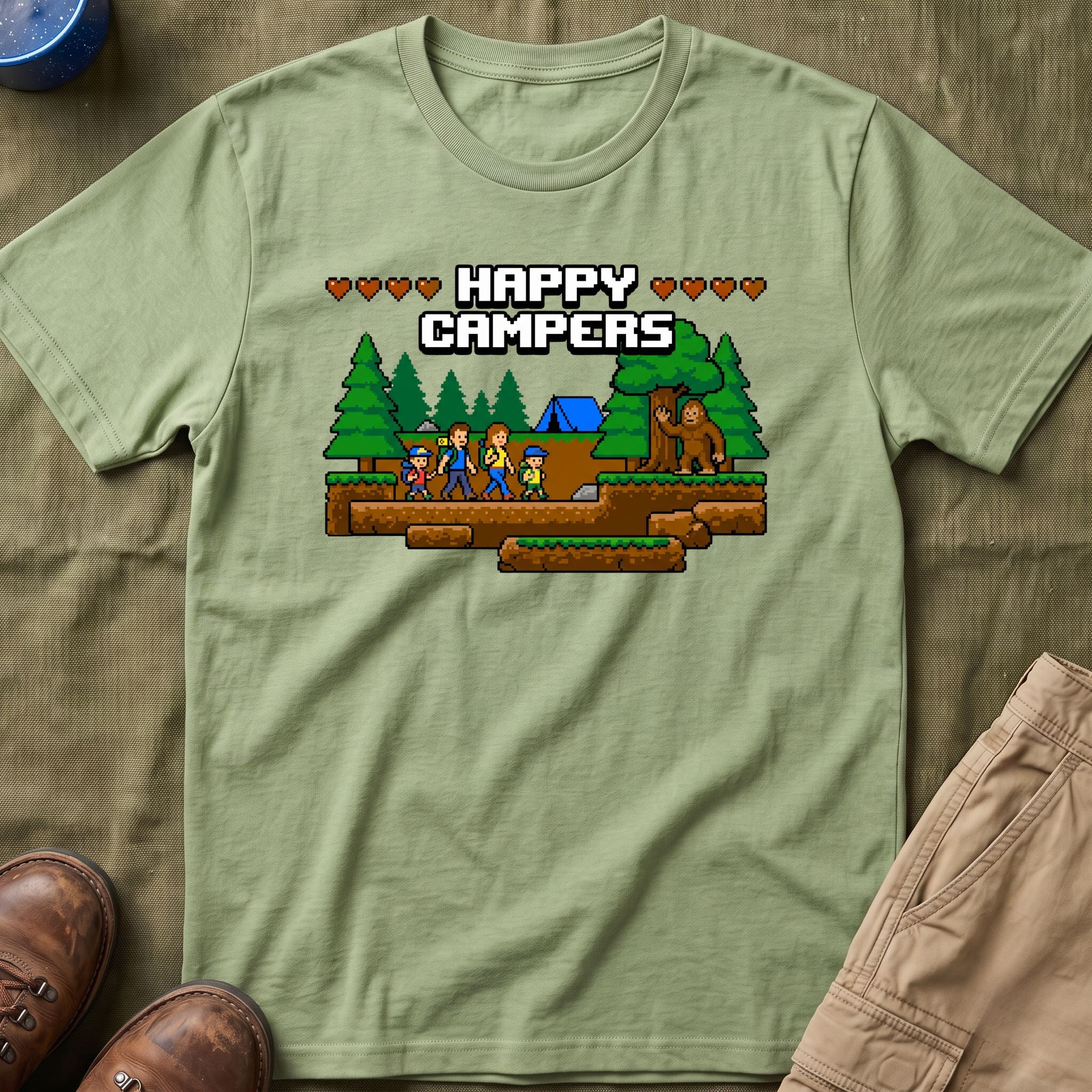 Happy Campers With Bigfoot Matching 8-Bit T-Shirt