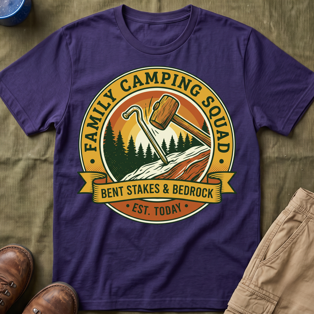 Family Camping Squad — Bent Stakes & Bedrock T-Shirt