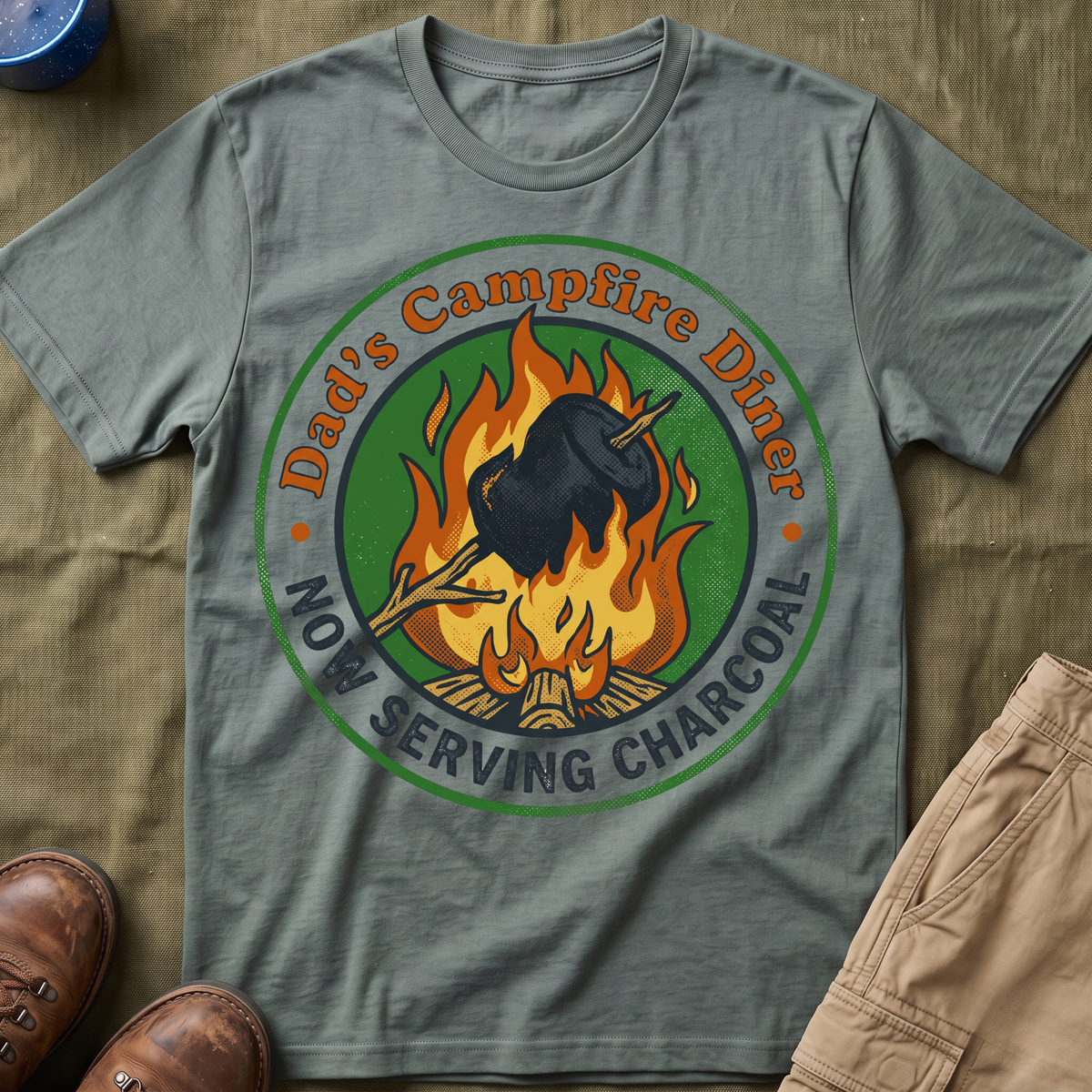 Dad's Campfire Diner — Now Serving Charcoal T-Shirt