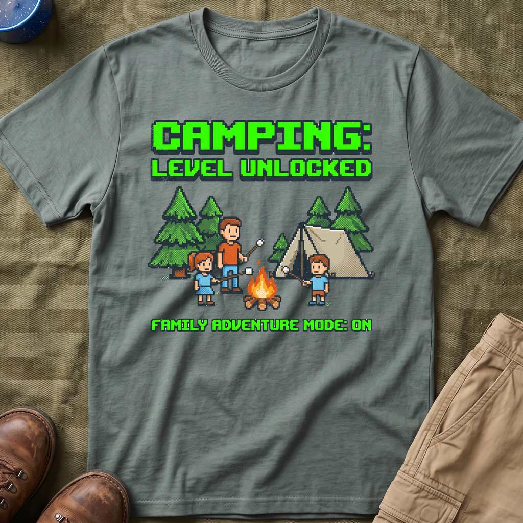 Camping — Level Unlocked Family Adventure Mode On 8-Bit T-Shirt