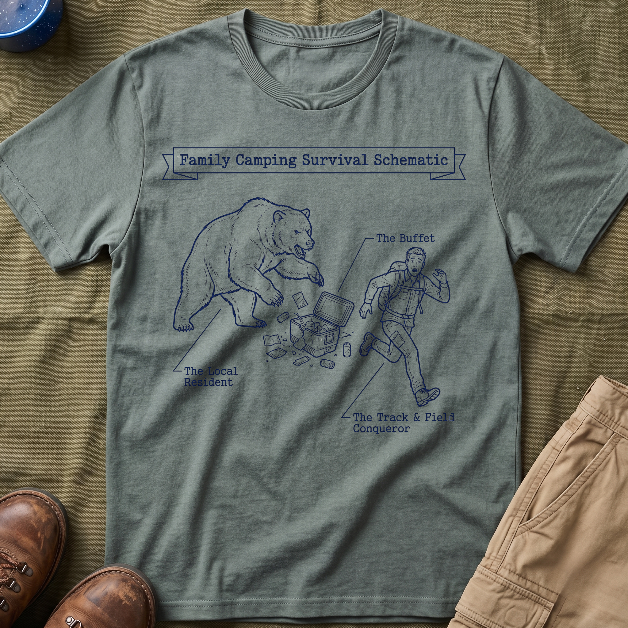 Family Camping Survival Schematic With The Bear T-Shirt