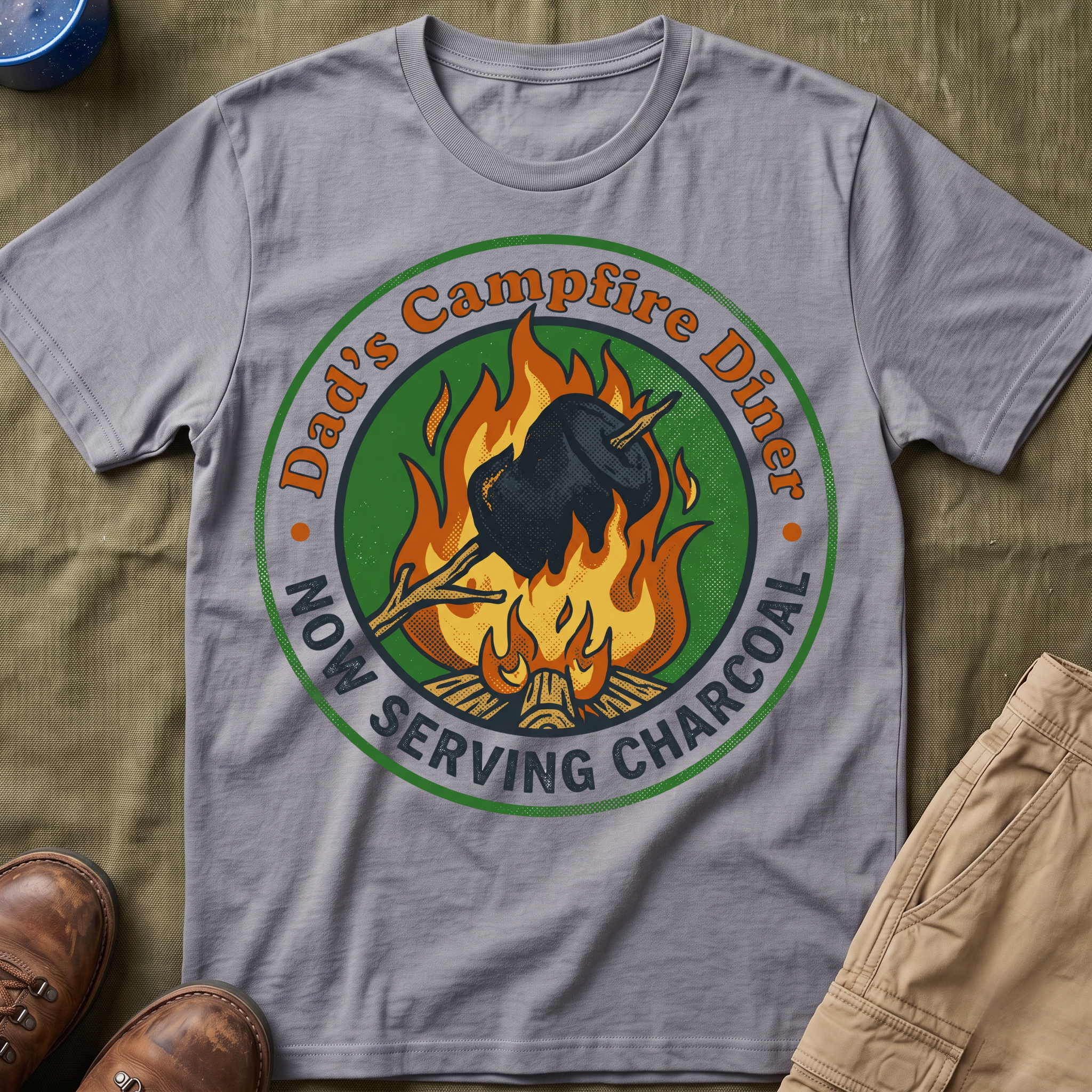 Dad's Campfire Diner — Now Serving Charcoal T-Shirt