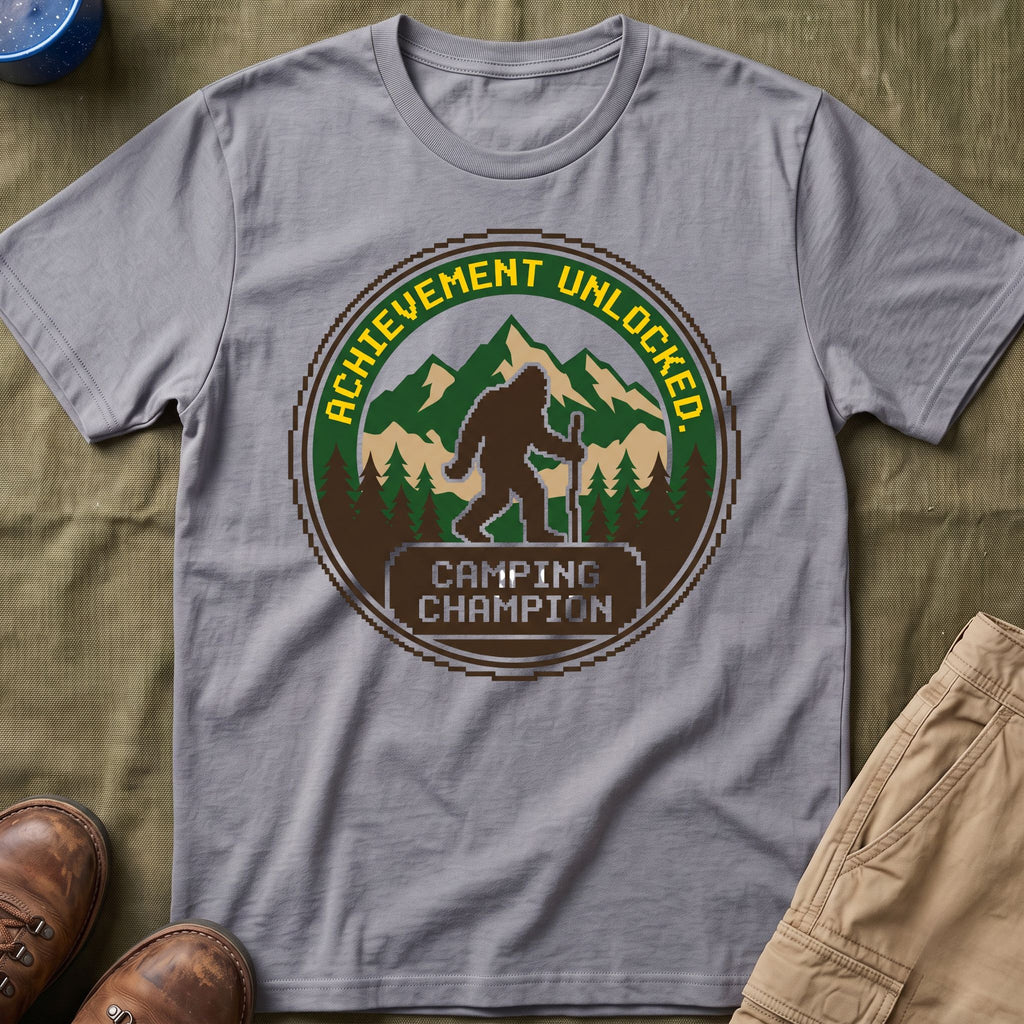 Achievement Unlocked — Camping Champion With Bigfoot 8-Bit T-Shirt