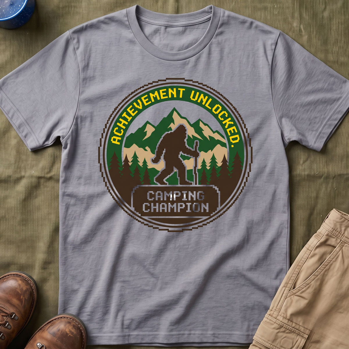 Achievement Unlocked — Camping Champion With Bigfoot 8-Bit T-Shirt