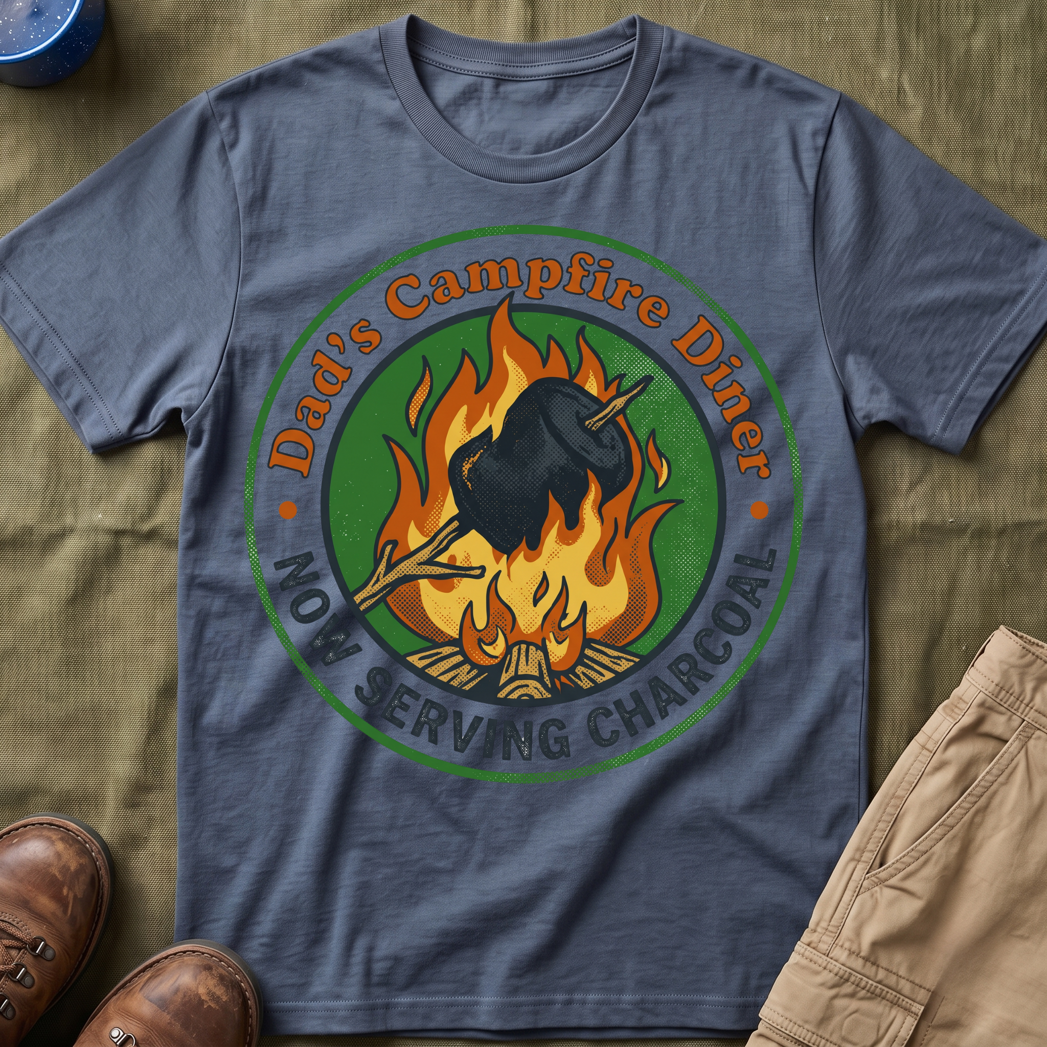 Dad's Campfire Diner — Now Serving Charcoal T-Shirt