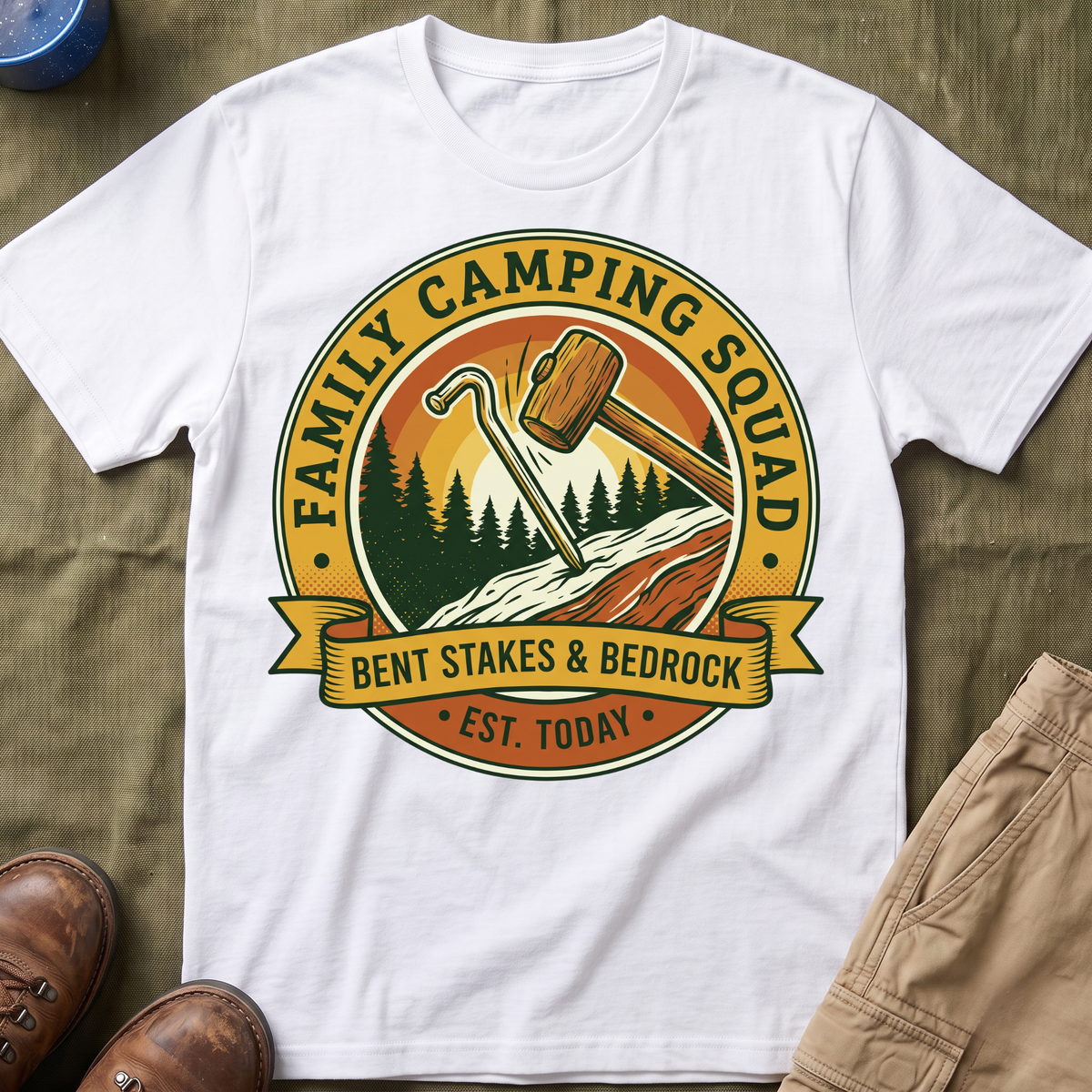 Family Camping Squad — Bent Stakes & Bedrock T-Shirt