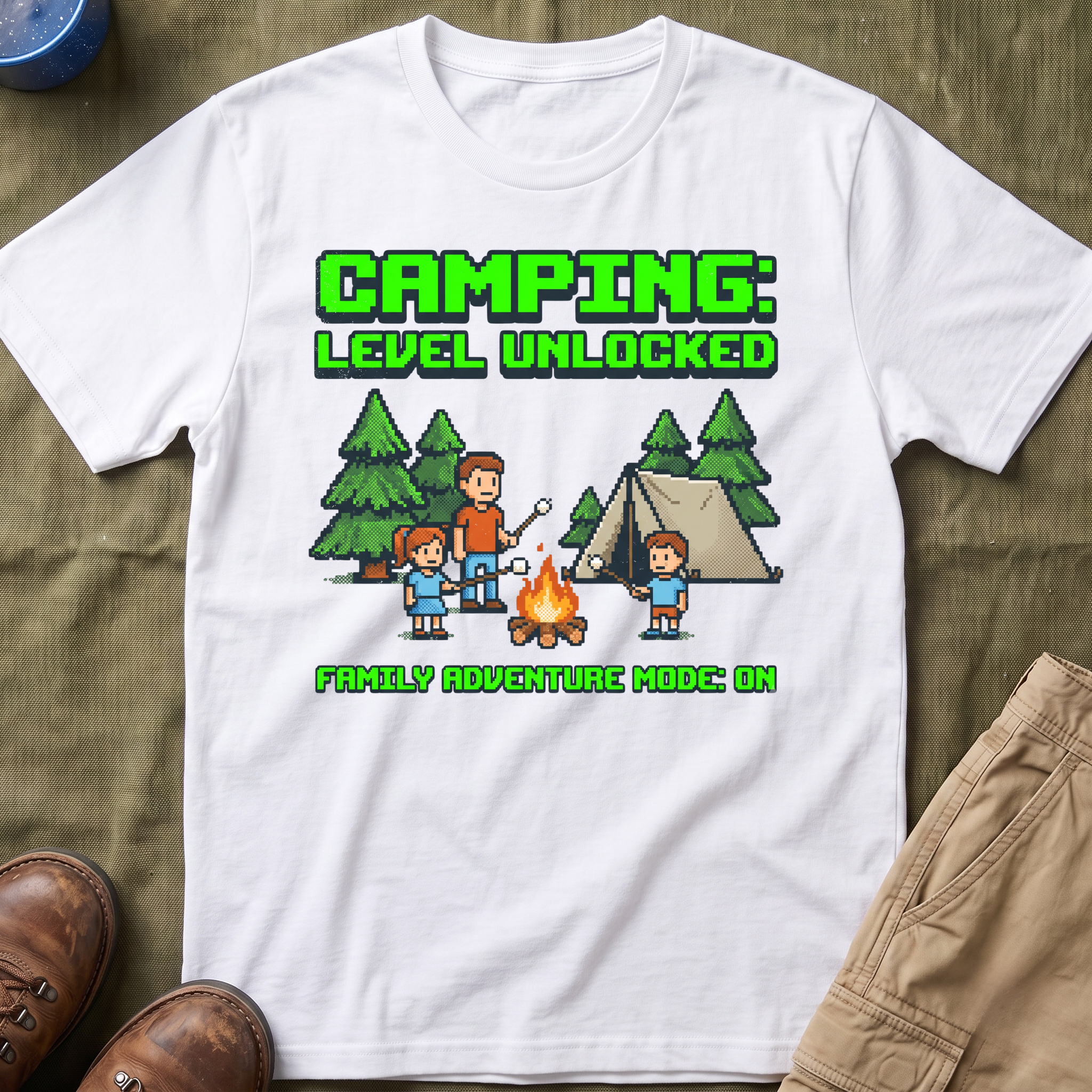 Camping — Level Unlocked Family Adventure Mode On 8-Bit T-Shirt