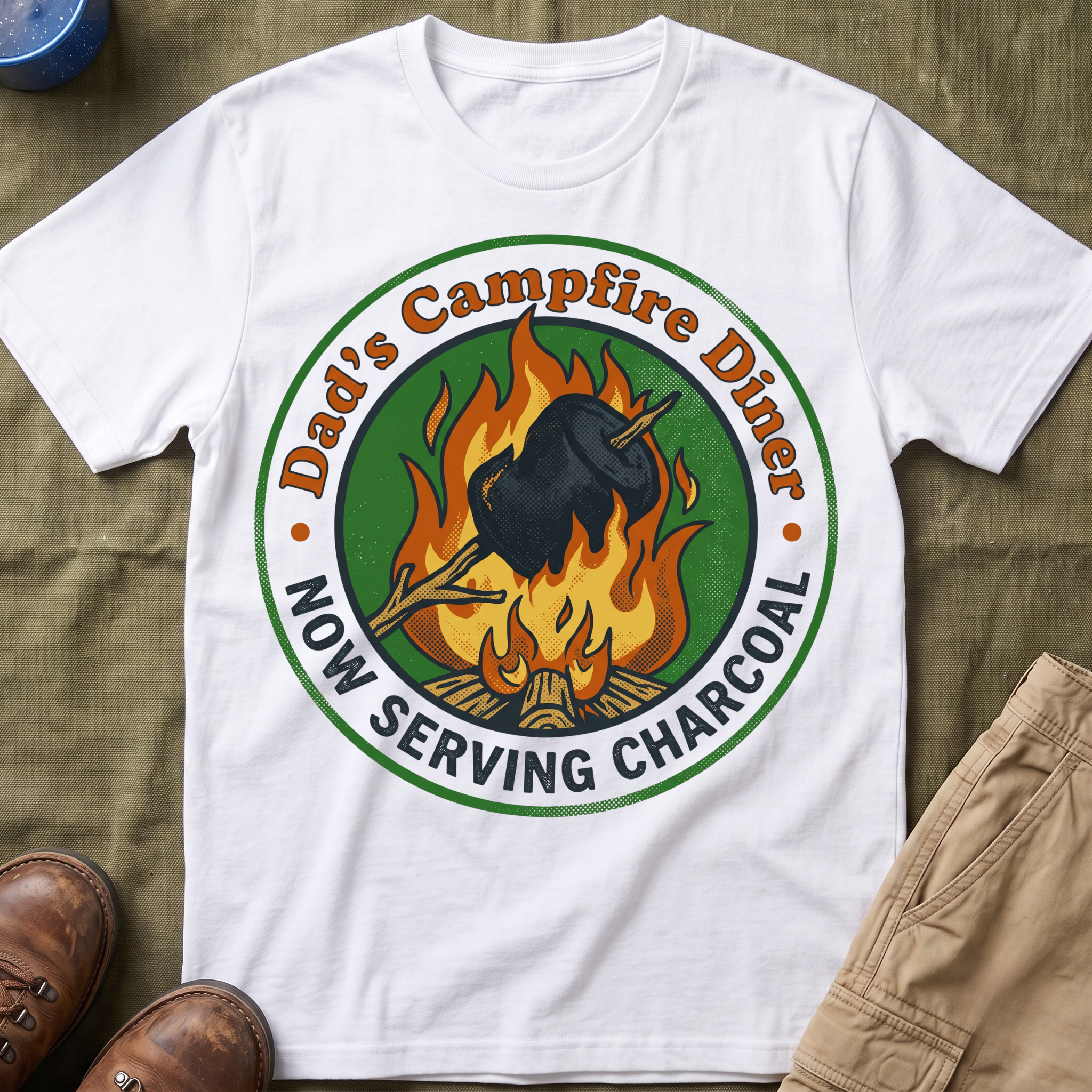 Dad's Campfire Diner — Now Serving Charcoal T-Shirt
